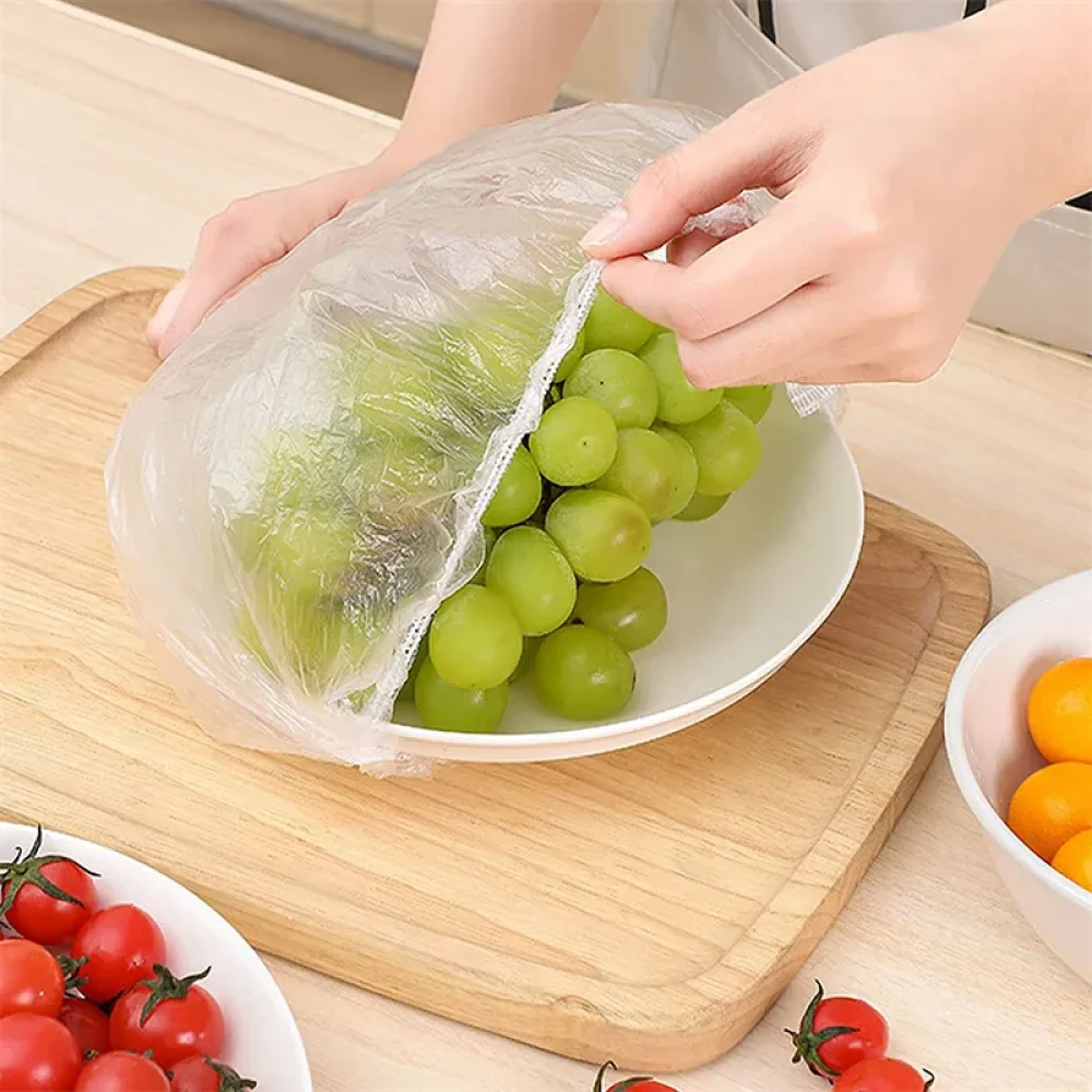 100Pcs Disposable Plastic Wrap Food Cover Elastic Plastic Wrap for Fruit Bowls